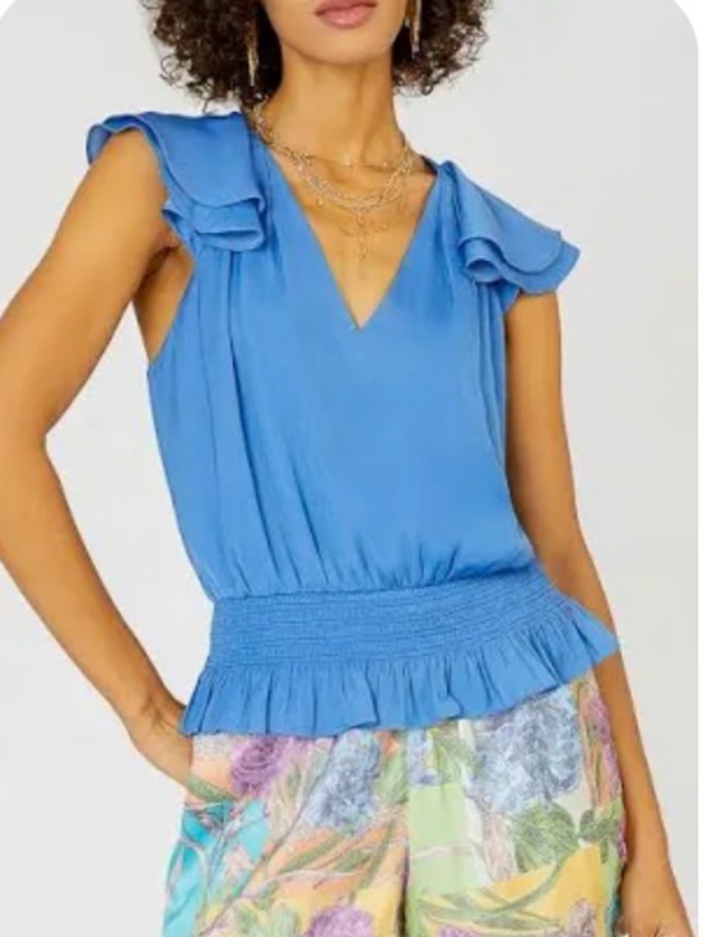 Current Air Pretty Please Blue V-Neck Blouse with Flutter Sleeves. Size M